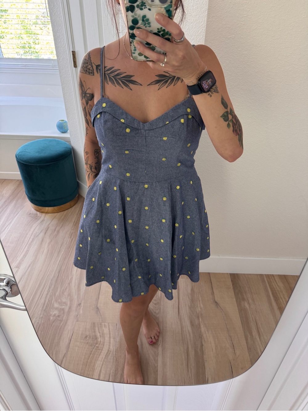 Francesca's Collections Blue Mini Dress with lemon Polka Dots